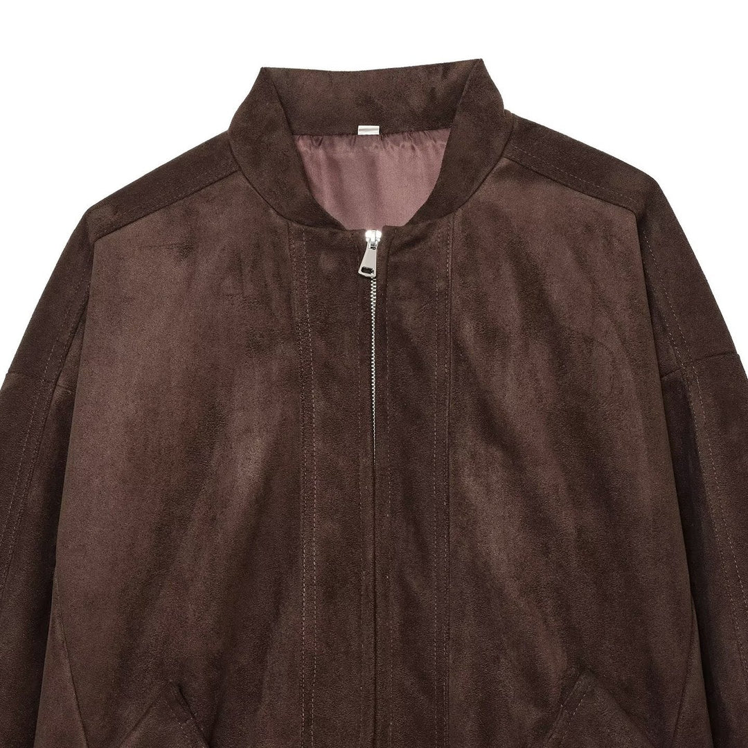 Dam Kort Suede Look Bomber med Dragkedja och Patch Fickor