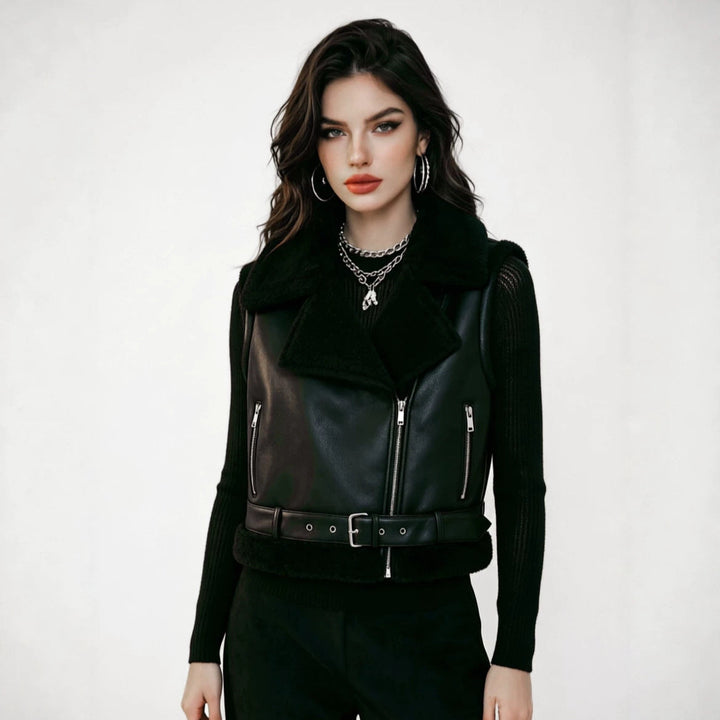 Dam ärmlös Biker väst in Shearling look med midjebälte