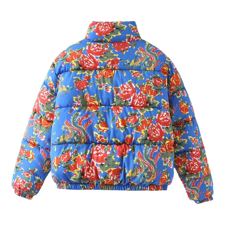 Dam quiltad down look quiltad jacka med floral alla-över tryck, ståkrage, och elastisk fåll