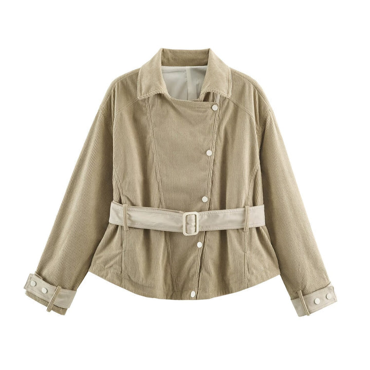 Dam Cord Jacka Tillverkad av Cord med A Waist Belt och Tryckknapp Fasteners
