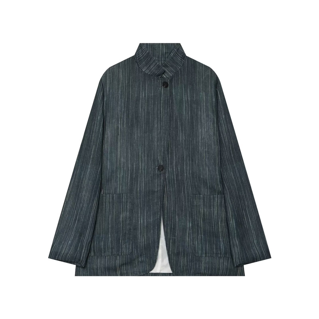Dam Loose Lång Blazer i Pinstripe Look med Stå Krage och Patch Fickor
