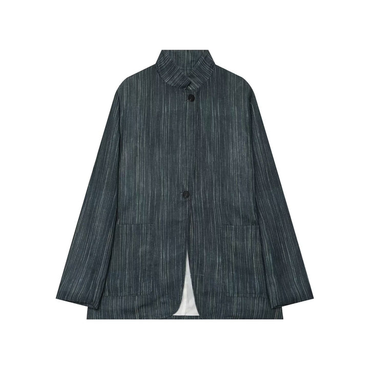 Dam Loose Lång Blazer i Pinstripe Look med Stå Krage och Patch Fickor