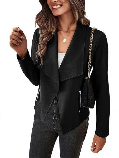 Dam Faux Mocka Waterfall Blazer med Asymmetrical Fåll och Fickor med Dragkedja