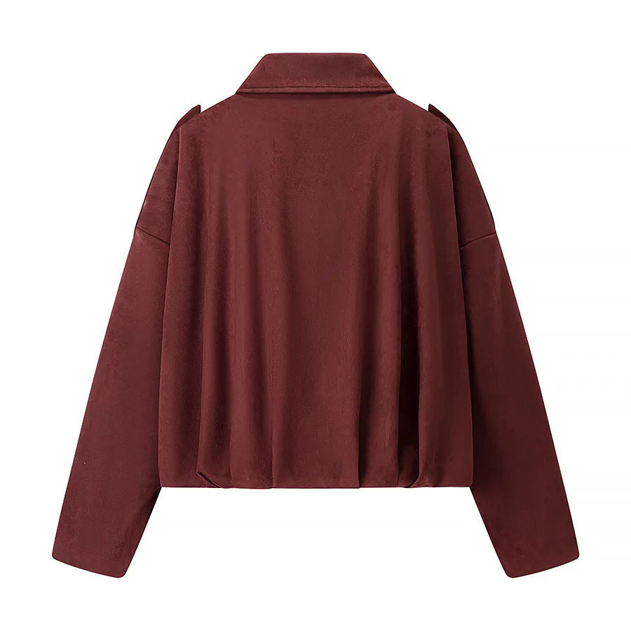 Dam cropped boxy blouse jacka med skjortkrage, concealed front placket, och elastisk fåll