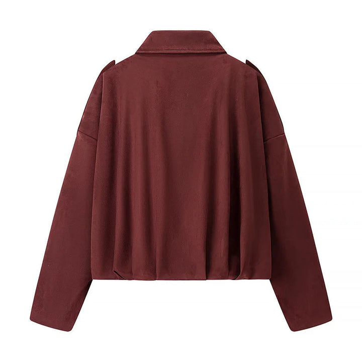 Dam cropped boxy blouse jacka med skjortkrage, concealed front placket, och elastisk fåll