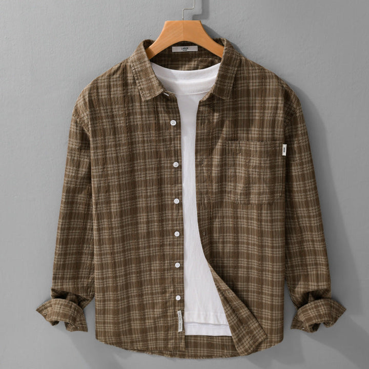 Herr Rutig Bomull Overshirt i Avslappnad Passform med Bröstficka och Soft-Touch