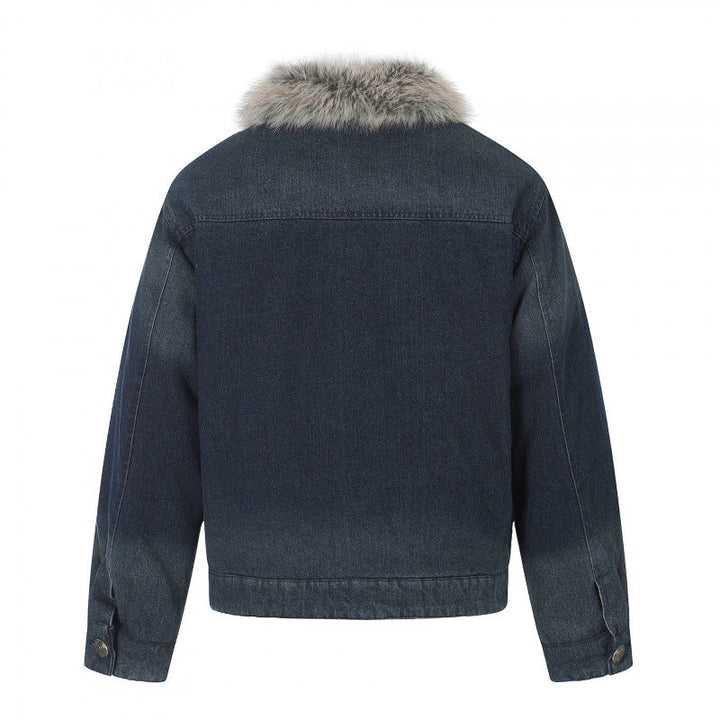 Herr denimjacka i military-inspired ornament stil med fusk päls trim