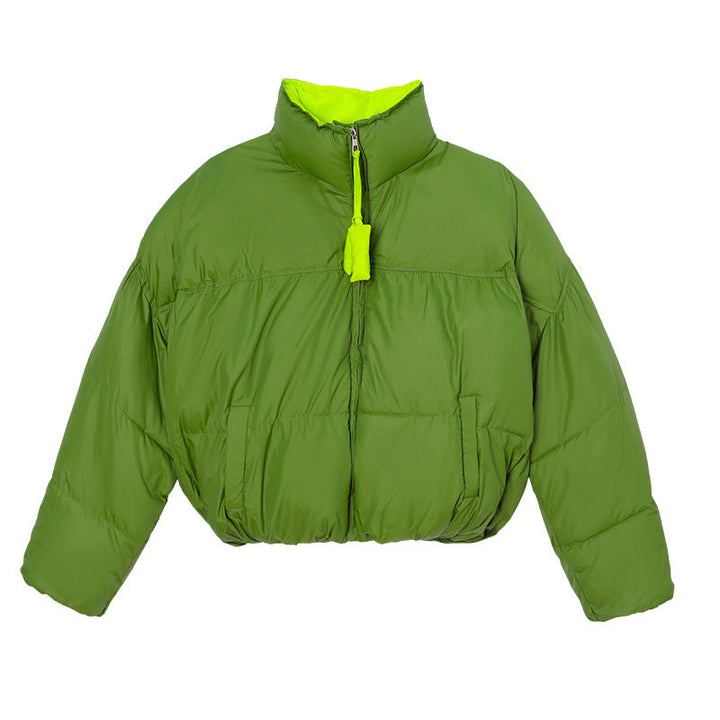 Dam Kort Vadderad Boxig Puffer med Two-Layer Stå Krage och Dold Dragkedja Knäppning