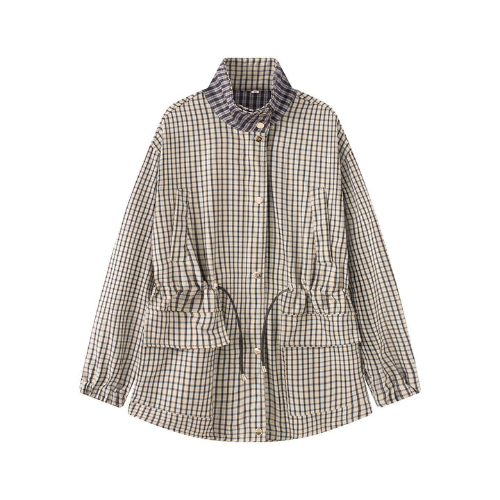 Dam Checked oversize Parka jacka med dragsko och ståkrage