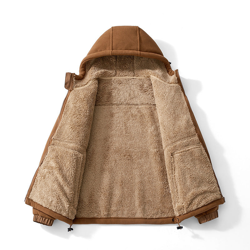 Herr Fleece Jacka med Huva med Teddy Foder, Zippered Fickor, och Adjustable Fåll