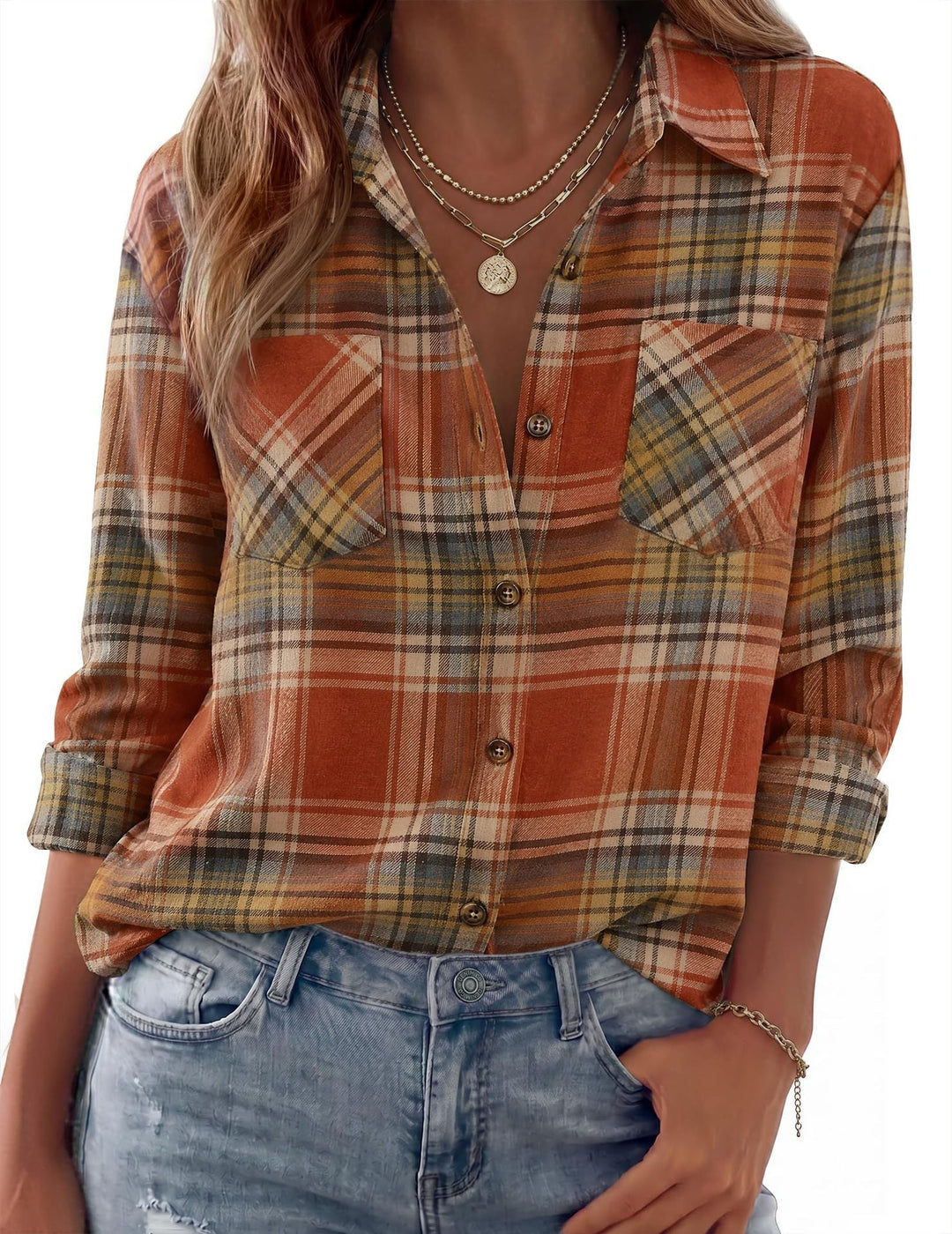 Dam Rutig Oversized Flanell Skjorta Jacka med Bröst Fickor
