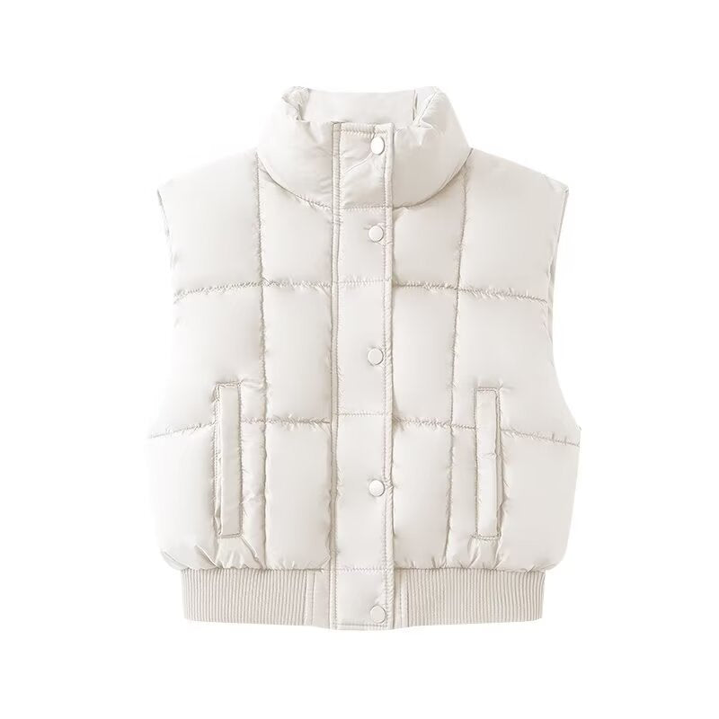 Dam Quiltad Kort Puffer Väst med Ståkrage och Ribbad Fåll