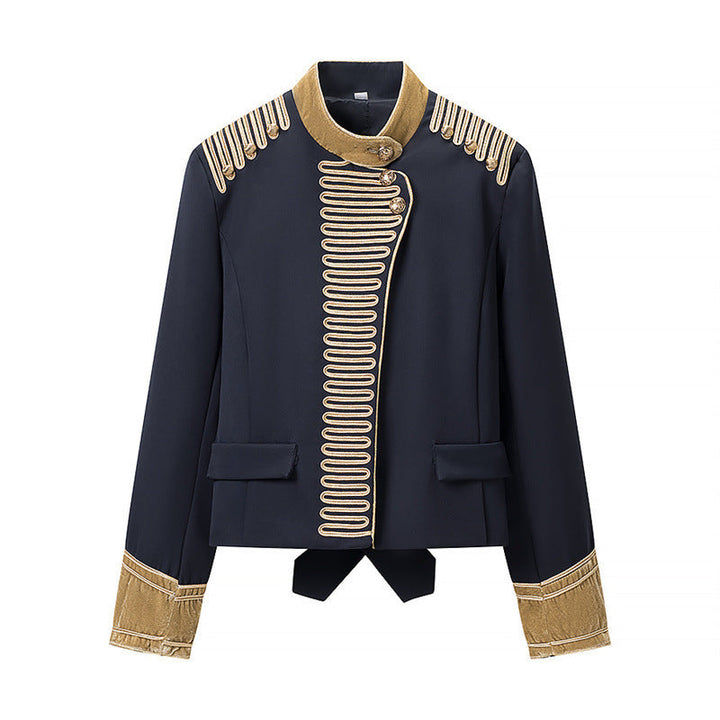 Dam Kort Militär-Inspired Jacka med Ståkrage, Decorative Cords, och Guld-Trimmed Muddar