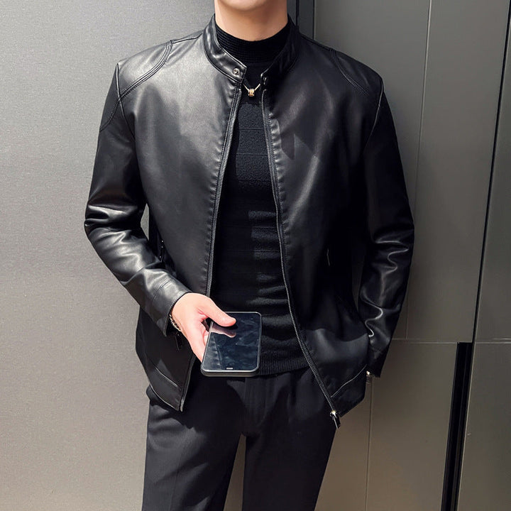 Herr Smal Konstläder Blouson Motorcycle-Inspired Design med Short Stående Krage och Dold Dragkedja