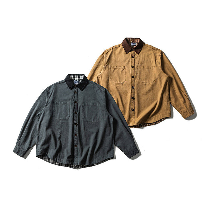 Unisex Oversized Skjorta Jacka med Contrast Krage och Rutig Foder