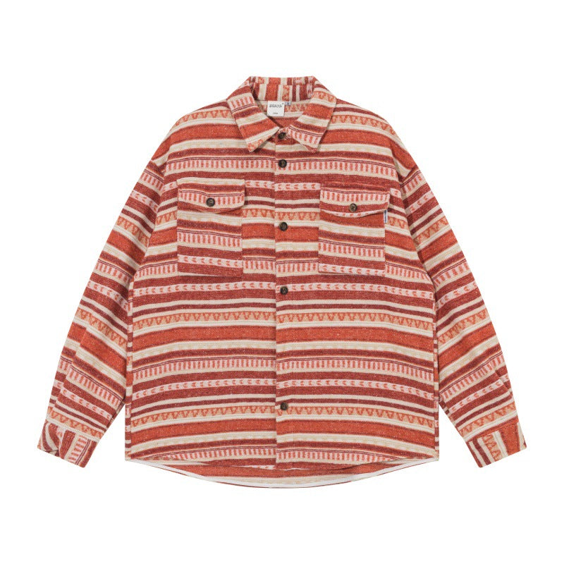 Unisex Oversized Stickad Skjorta Jacka i Ethnic Rand Mönster med Lockfickor