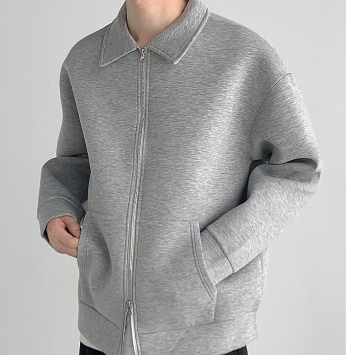 Herr Dragkedja Sweat Jacka med Skjortkrage och Oversized Skärning