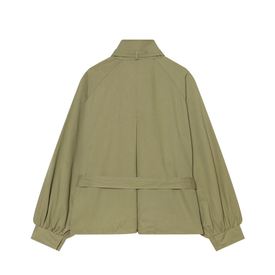Dam Kort Cape Övergångsjacka med Stå Krage, Waist Belt och Balloon Ärmar