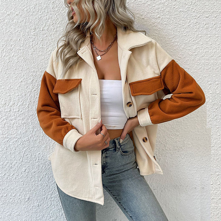 Dam Oversized Skjorta Jacka med Contrasting Ärmar och Lapp Breast Fickor