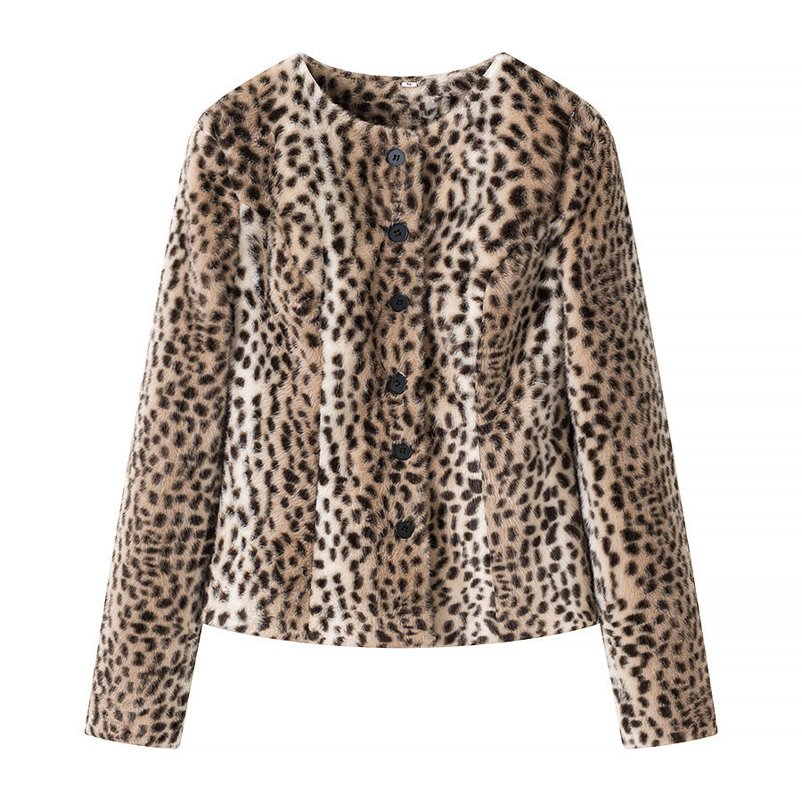 Dam kort Faux Fur jacka med Leopard tryck och Round Neck