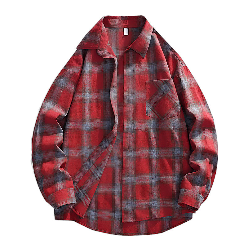 Herr Oversized Rutig Flannel Skjortjacka med Breast Ficka och Rundad Fåll