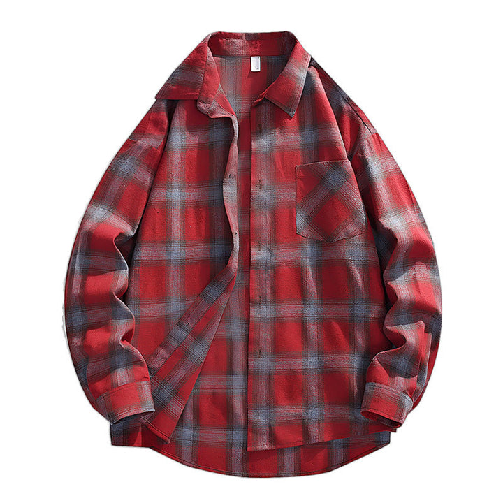 Herr Oversized Rutig Flannel Skjortjacka med Breast Ficka och Rundad Fåll
