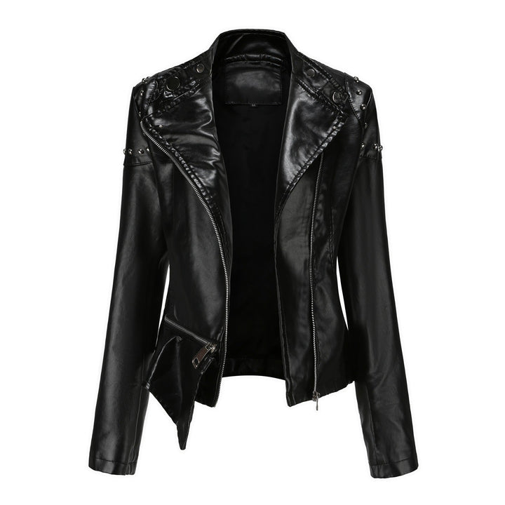 Dam asymmetric konstläder bikerjacka med stud application och figursydd peplum