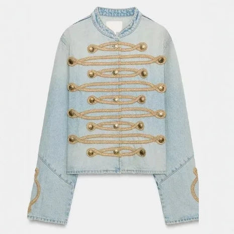 Dam Kort Denimjacka i Military Stil med Dekorativ Cord Application