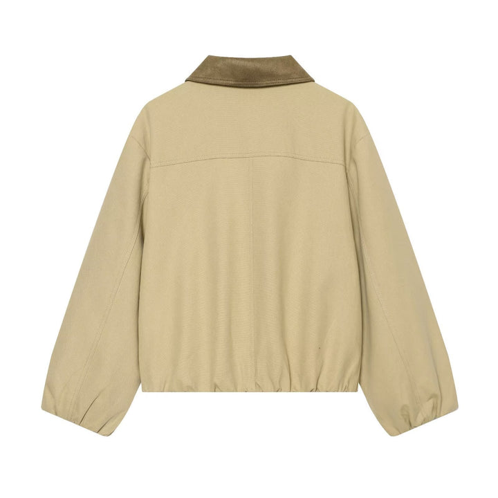 Dam Kort Jacka i Boxig Look med Velour Krage och Elastic Nederkant.
