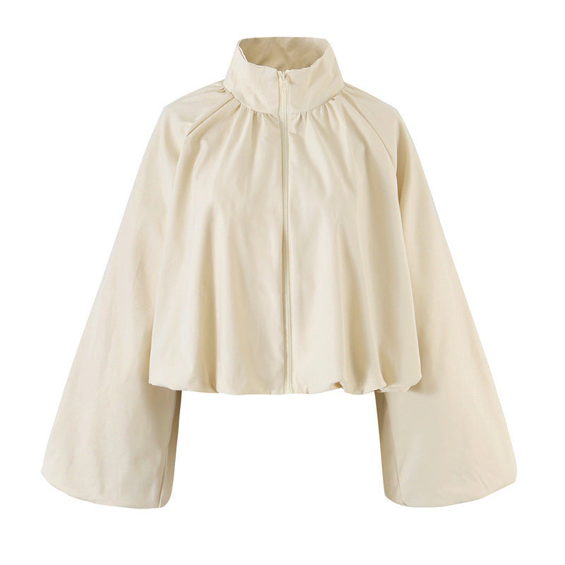 Dam Kort Cape Blouson Jacka med Wide Bell Ärmar och Stå Krage
