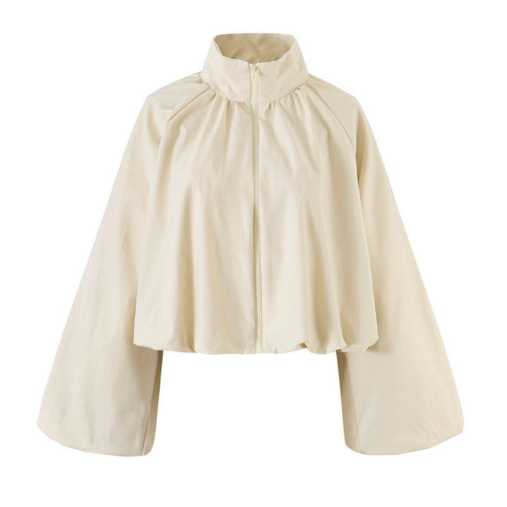 Dam Kort Cape Blouson Jacka med Wide Bell Ärmar och Stå Krage