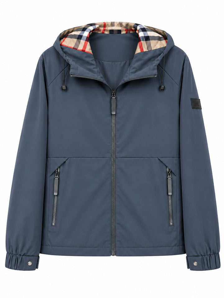 Herr lätt vindtät softshell med huva jacka med rutig lined huva