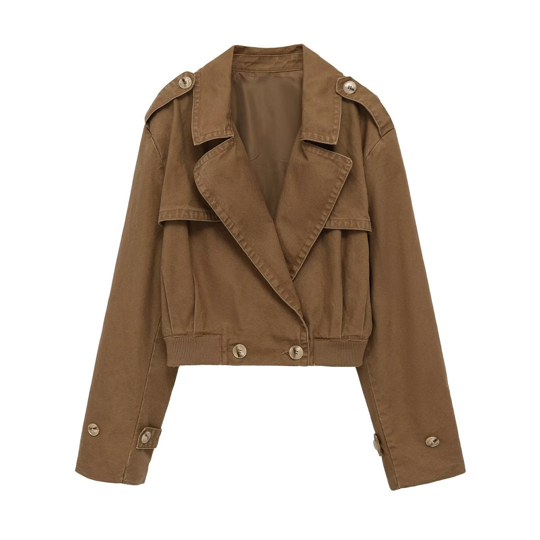 Dam Kort Trench Stil Jacka med Epaulettes, Tailored Ribbed Waistband och Dekorativ Knappar