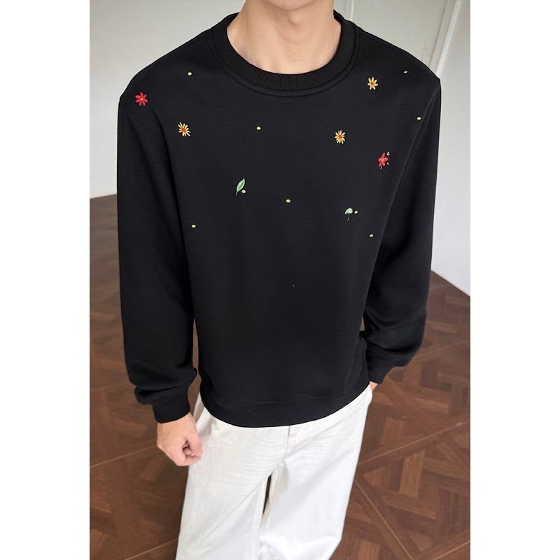 Herr Crew Neck College-Tröja med Minimalistisk Blommig Embroidery och Clean Skärning