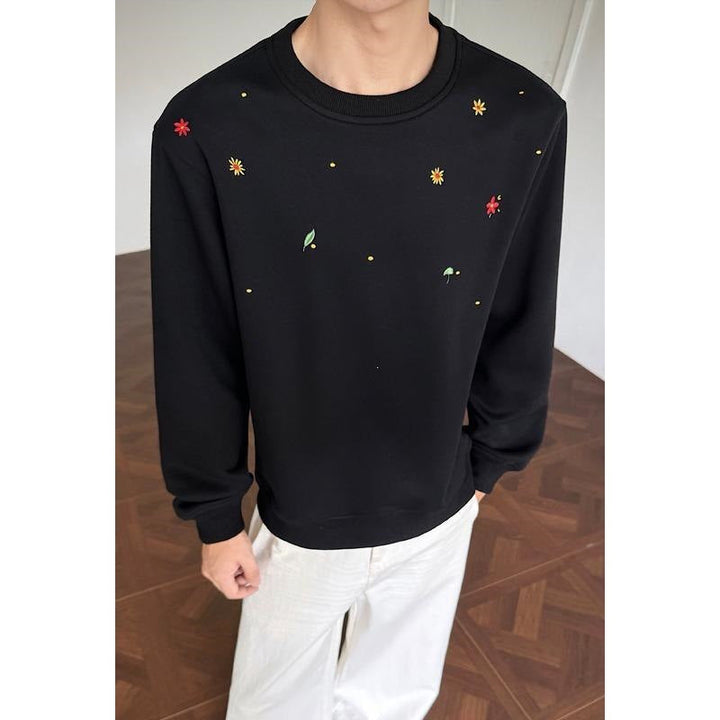 Herr Crew Neck College-Tröja med Minimalistisk Blommig Embroidery och Clean Skärning