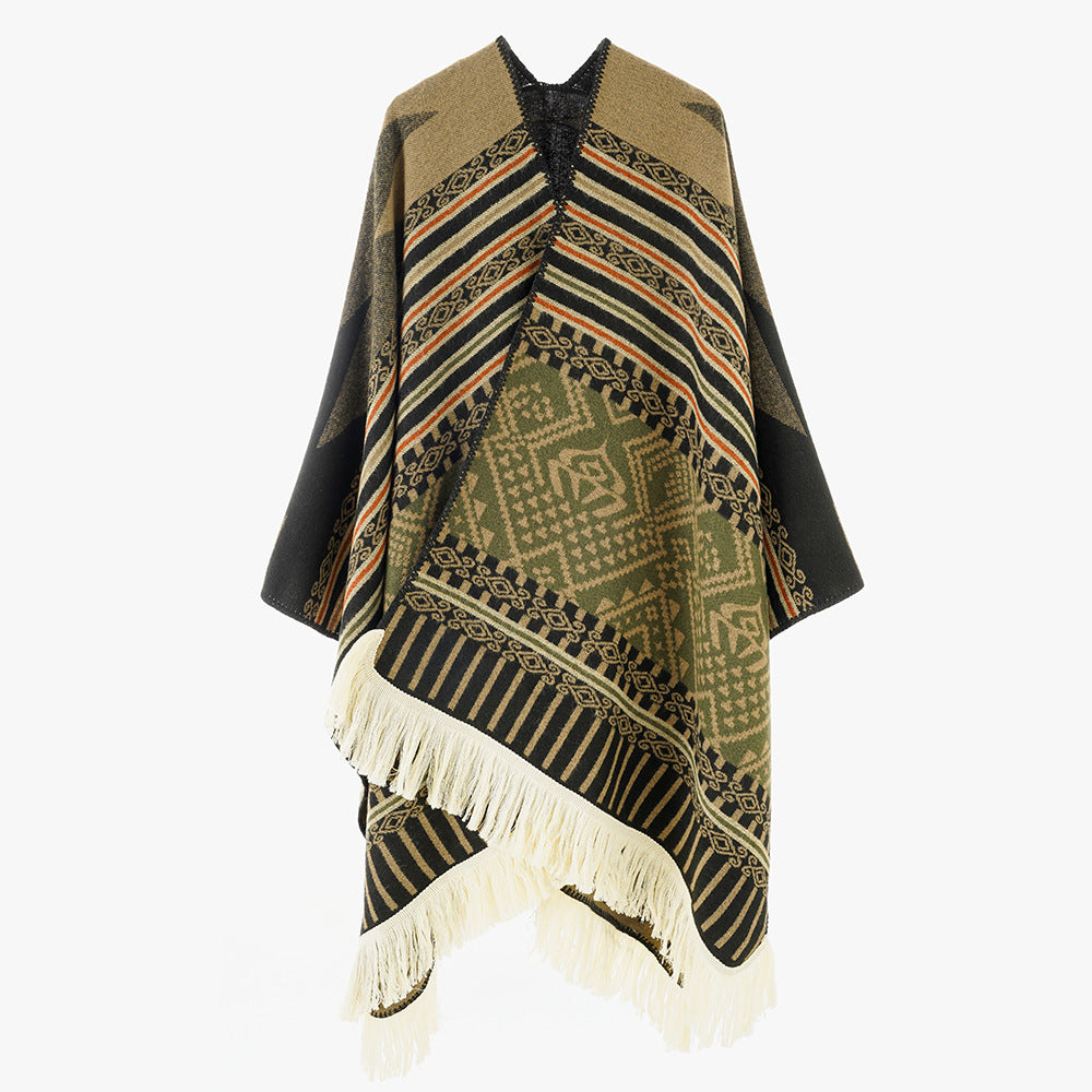 Dam Woven Jacquard poncho med V-Neck, Ethno tryck och Fringes