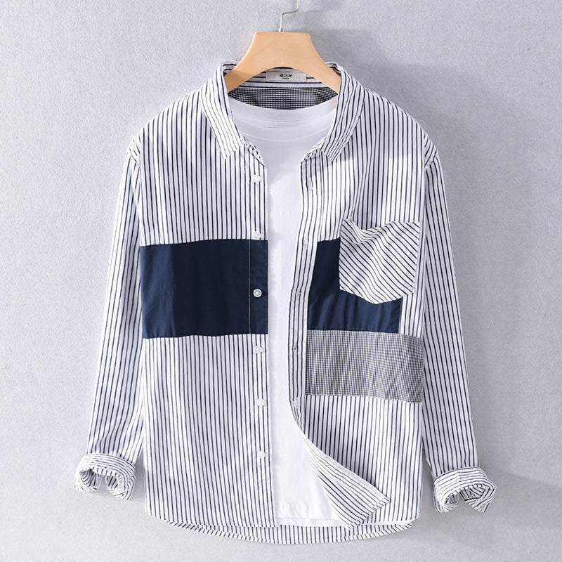 Herr Randig Overshirt med Färg Block Inlägg och Utanpå Bröstficka