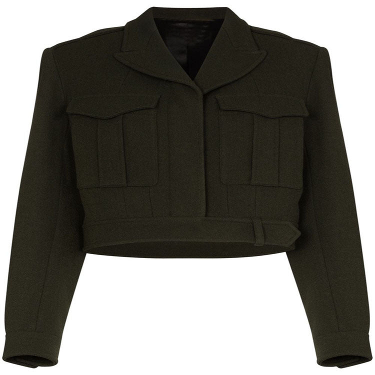 Dam kort jacka in military tailoring tillverkad ullblandning med utanpåfickor och belted midja