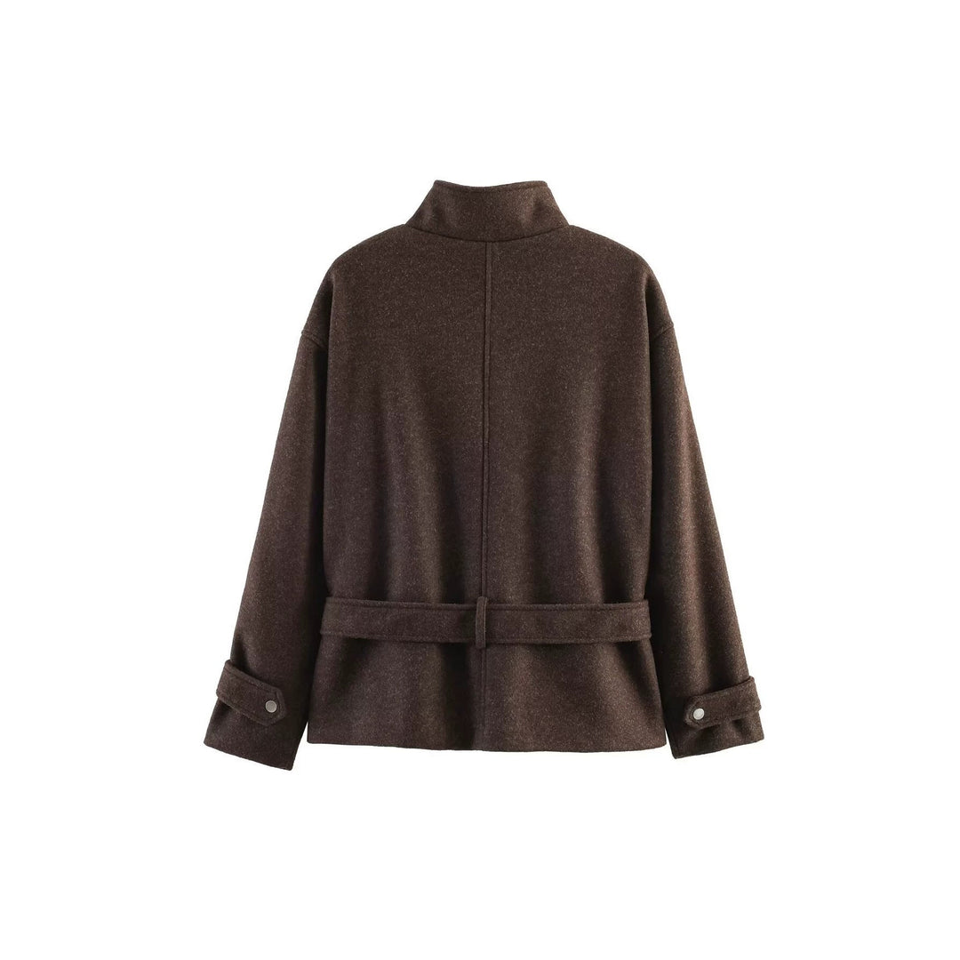 Dam Kort Ull Blend Övergångsjacka med Waist Belt och Stå Krage