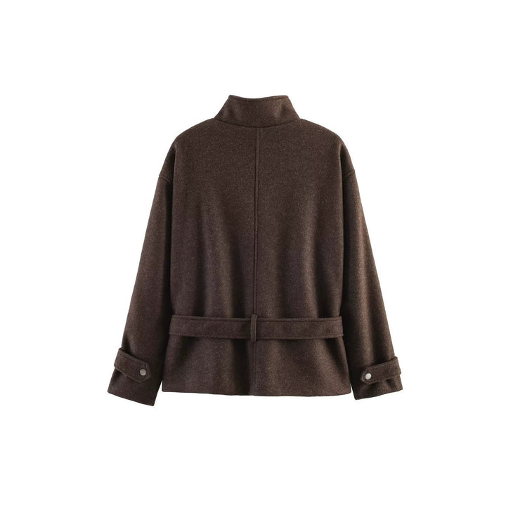 Dam Kort Ull Blend Övergångsjacka med Waist Belt och Stå Krage