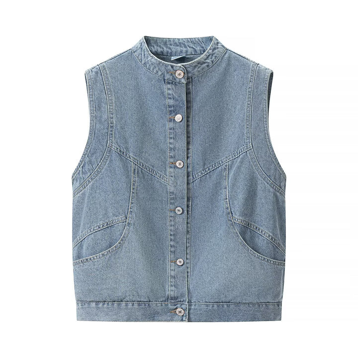 Dam jeans väst med ståkrage, hel-length knappslå, och utanpåfickor