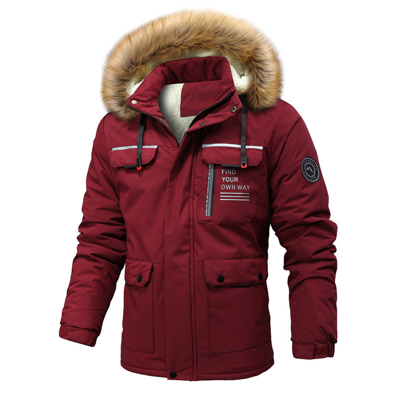 Herr Thermo Parkas i Expedition Stil med Avtagbar Imitation Päls Huva och Multifunktionell Fickor