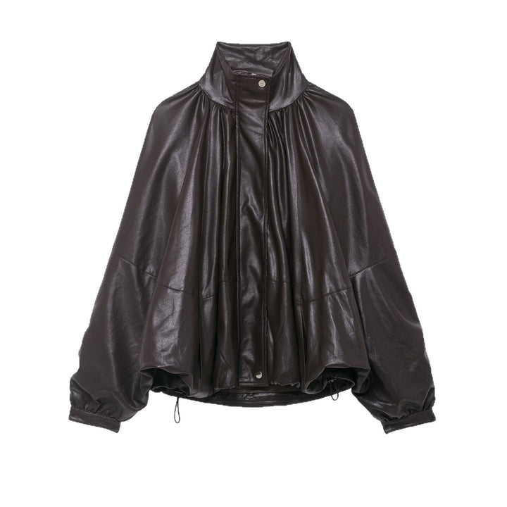 Dam Voluminous konstläder Cape jacka med hög ståkrage och dragsko