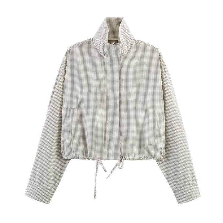 Dam kort Windbreaker med ståkrage, rutig mönster och dragsko
