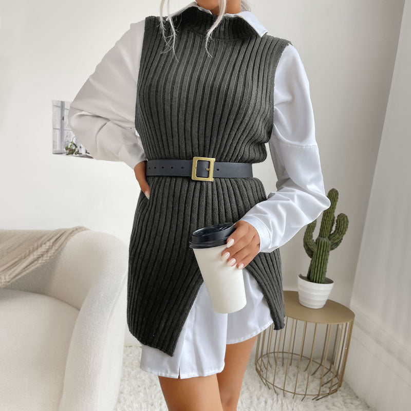 Dam Ribbad Lång Väst med Side Slits, Tapered Bälte och Lång Modell Skärning