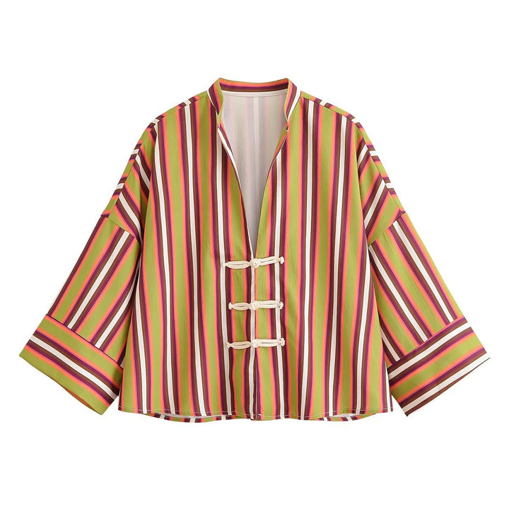 Dam Randig Kimono Jacka med Kort Trumpet Ärmar och Dekorativ Knot Closures