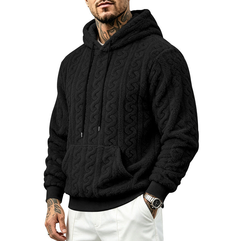 Herr Teddy Fleece Pullover med Cable Mönster, Huva och Känguruficka