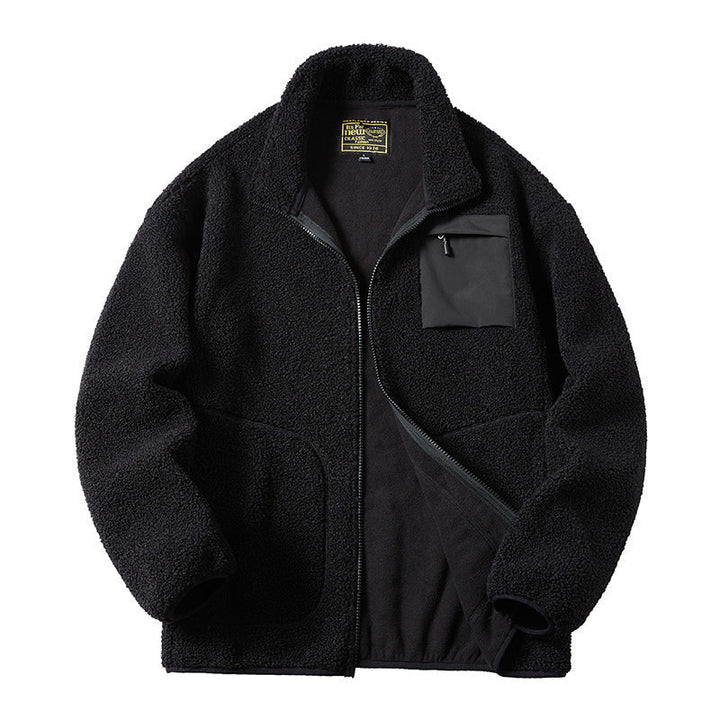 Herr Sherpa Fleece Jacka i Utility Stil med Dragkedja Bröstficka och Stående Krage