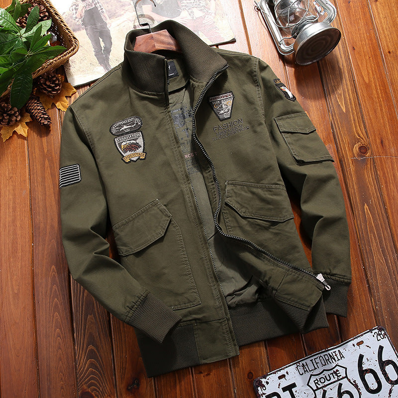 Herr Canvas Pilot Jacka med Embroidered Patches, Flera Fickor, och Ribbad Muddar