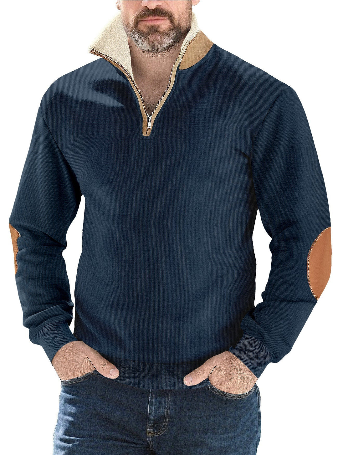 Herr Strukturerad Stickad Halv Dragkedja Pullover med Värmande Sherpa Krage och Velour Elbow Lappar